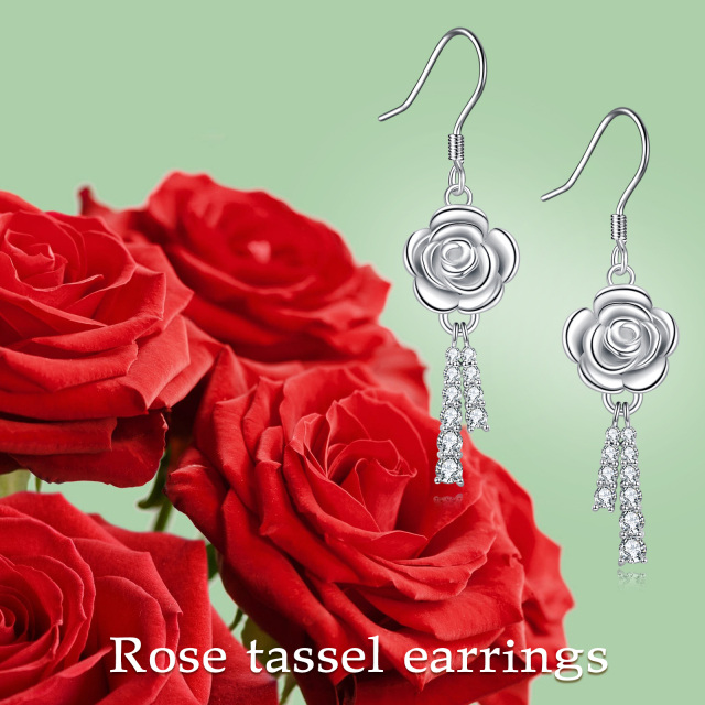 Sterling Silver Circular Shaped Cubic Zirconia Rose Tassel Drop Earrings-6