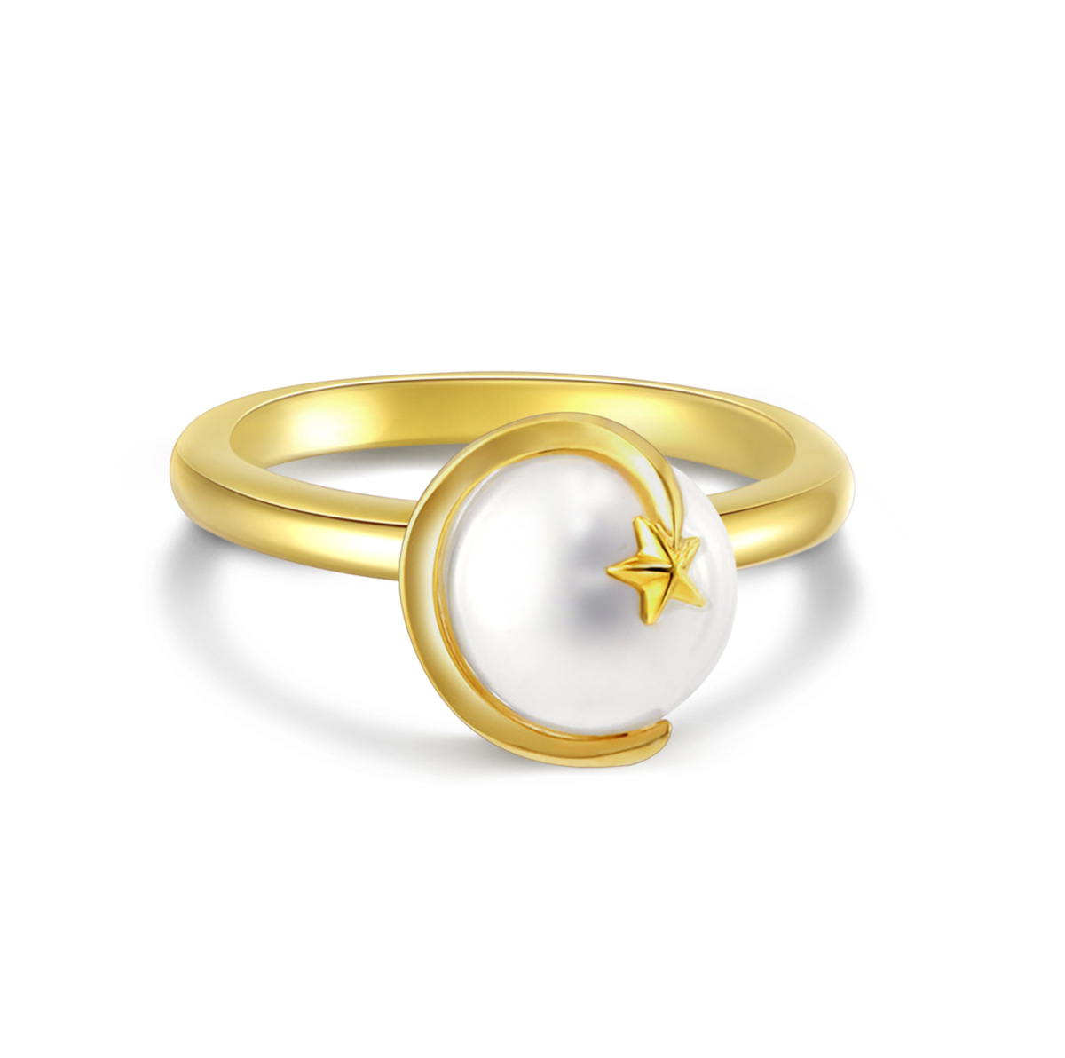 Sterling Silver with Yellow Gold Plated Circular Shaped Pearl Moon & Star Ring-1