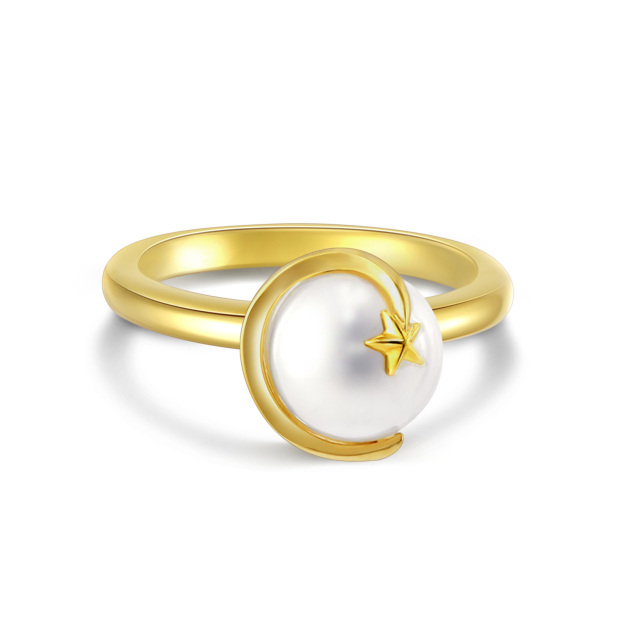 Sterling Silver with Yellow Gold Plated Circular Shaped Pearl Moon & Star Ring-4