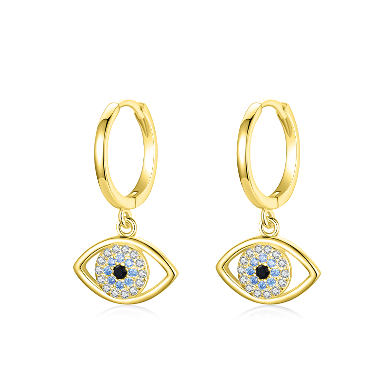 Sterling Silver with Yellow Gold Plated Circular Shaped Cubic Zirconia Evil Eye Drop Earrings-1