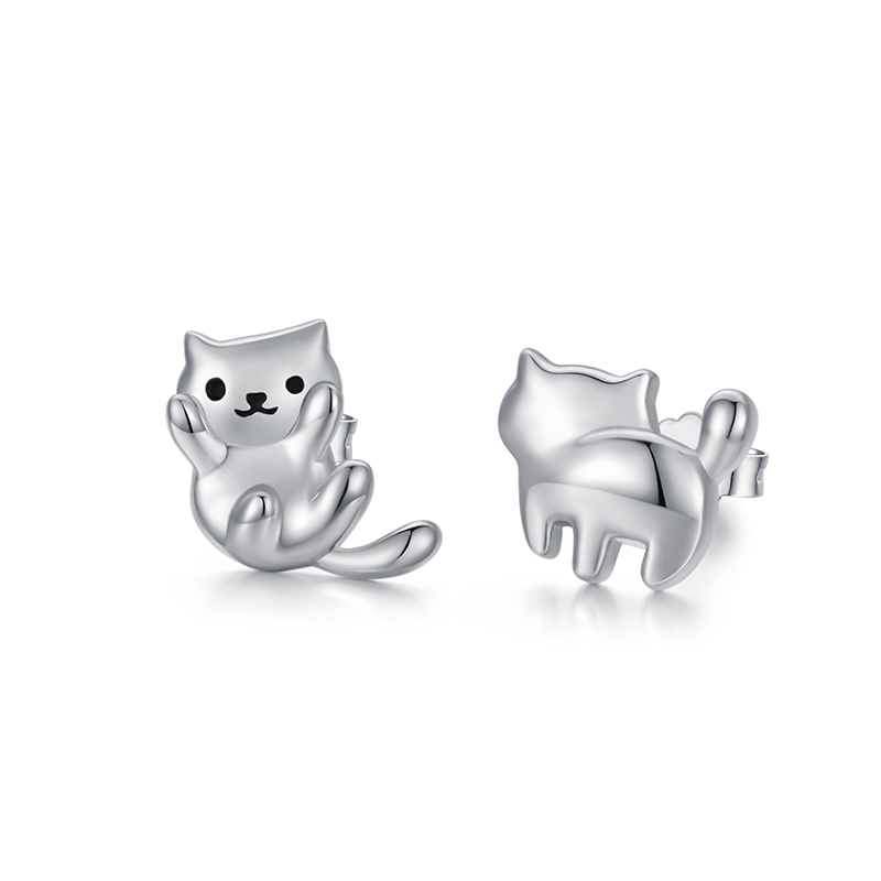 Sterling Silver Cat Stud Earrings-1