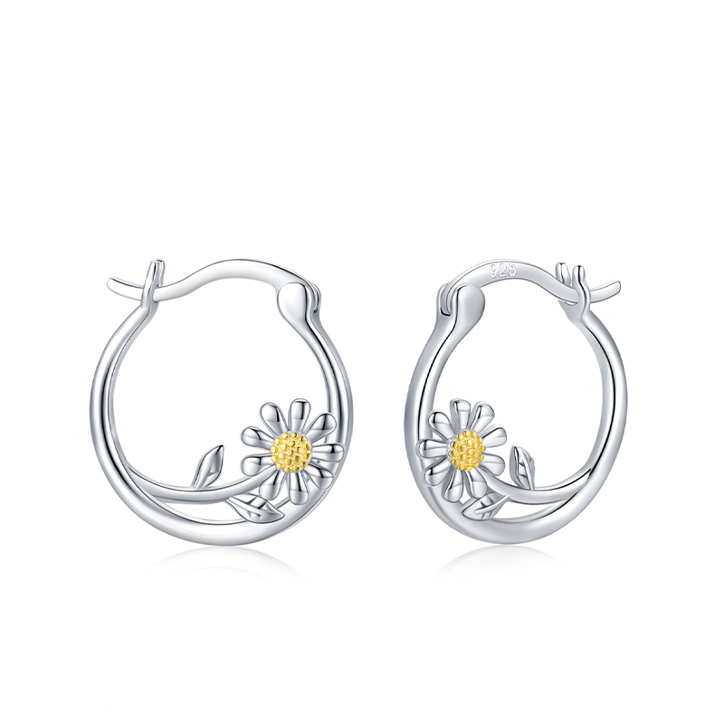 Sterling Silver Two-tone Daisy Hoop Earrings-1