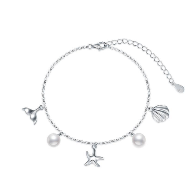 Pulsera con colgante de estrella de mar y perlas de plata de ley-0