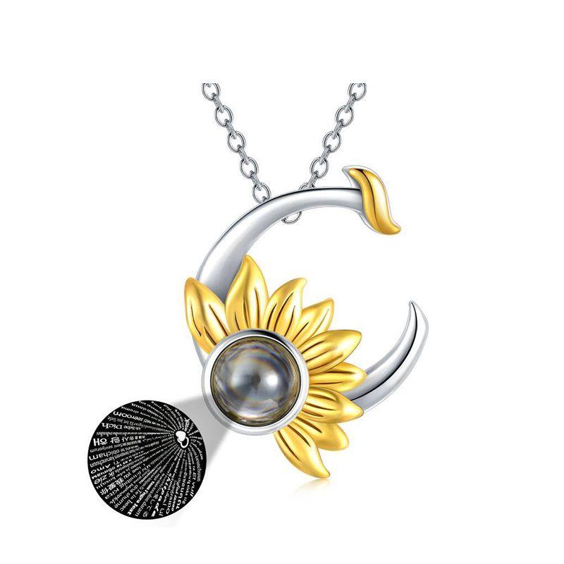 Sterling Silver Two-tone Projection Stone Sunflower & Moon Pendant Necklace-1