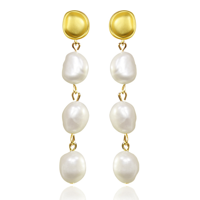 Sterling Silver with Yellow Gold Plated Pearl Round Drop Earrings-1