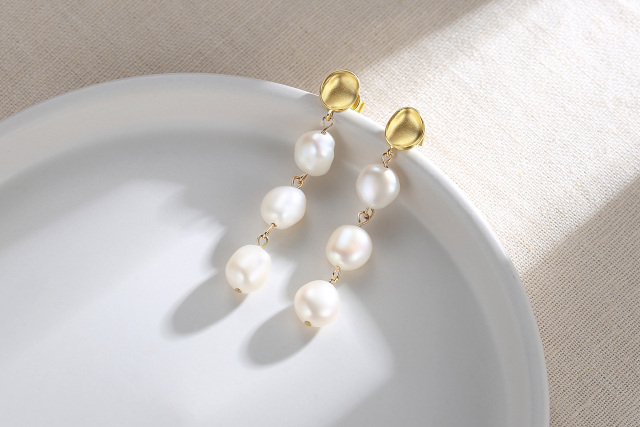 Sterling Silver with Yellow Gold Plated Pearl Round Drop Earrings-8