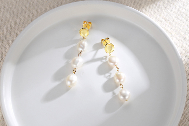 Sterling Silver with Yellow Gold Plated Pearl Round Drop Earrings-9
