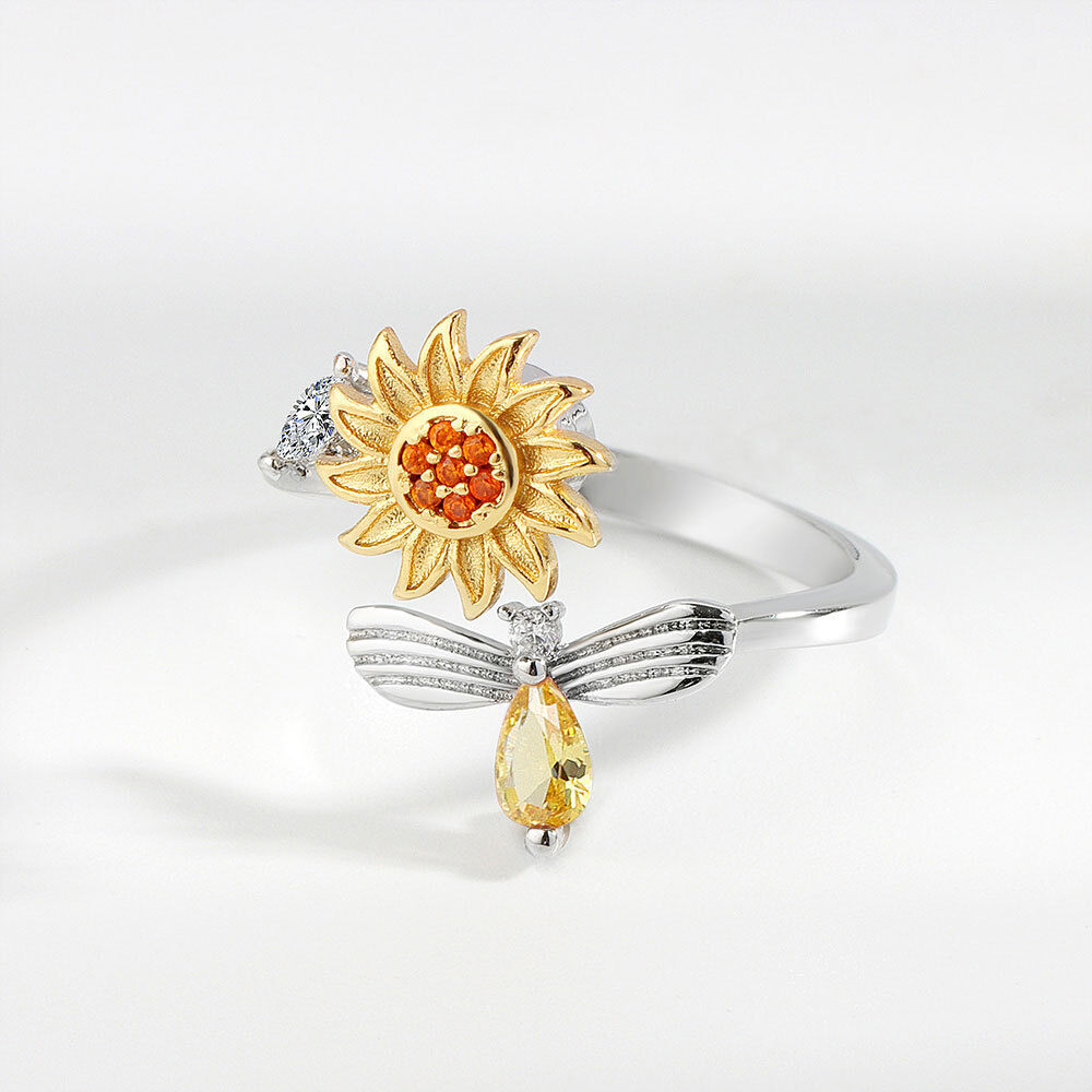 Anillo abierto de plata de ley con circonitas. girasol y libélula-3