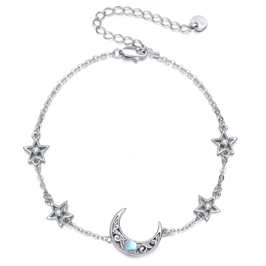 Sterling Silver Circular Shaped Moonstone Moon & Star Single Layer Anklet