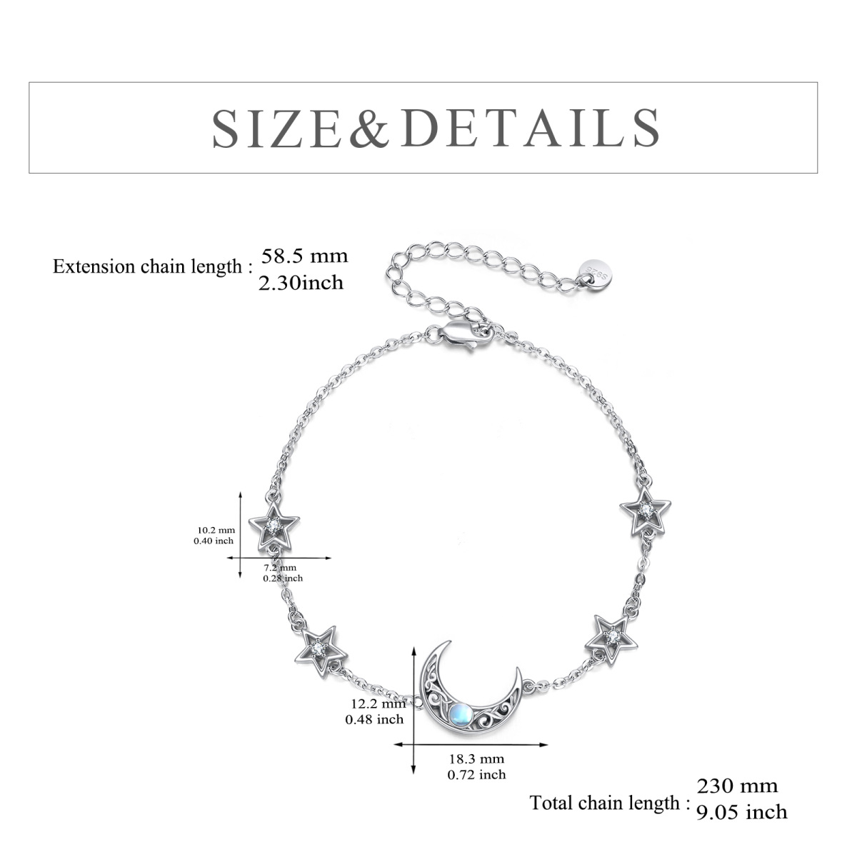 Sterling Silver Circular Shaped Moonstone Moon & Star Single Layer Anklet-4