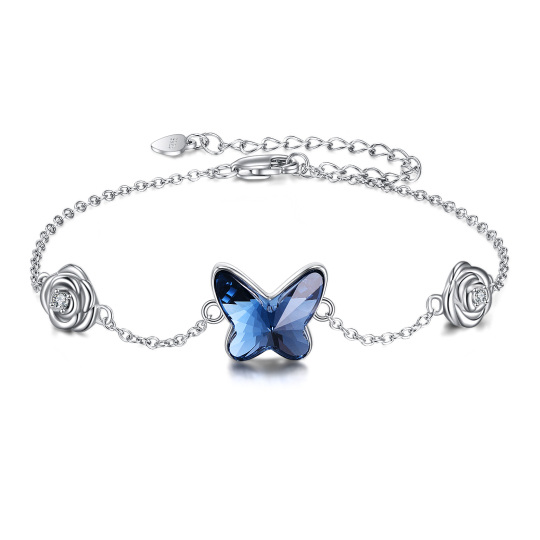 Sterling Silver Blue Crystal Butterfly & Rose Single Layer Anklet