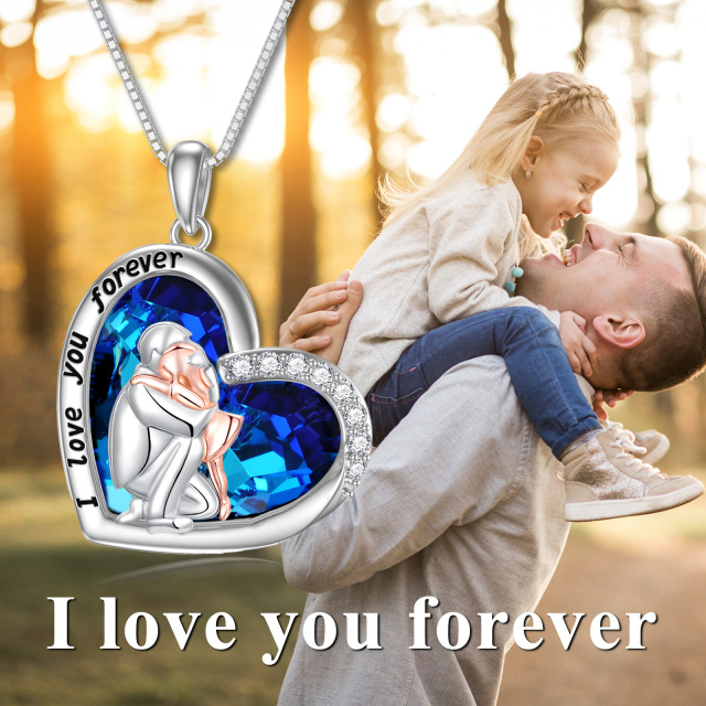 Sterling Silver Two-tone Heart Shaped Father & Daughter & Heart Crystal Pendant Necklace with Engraved Word-2