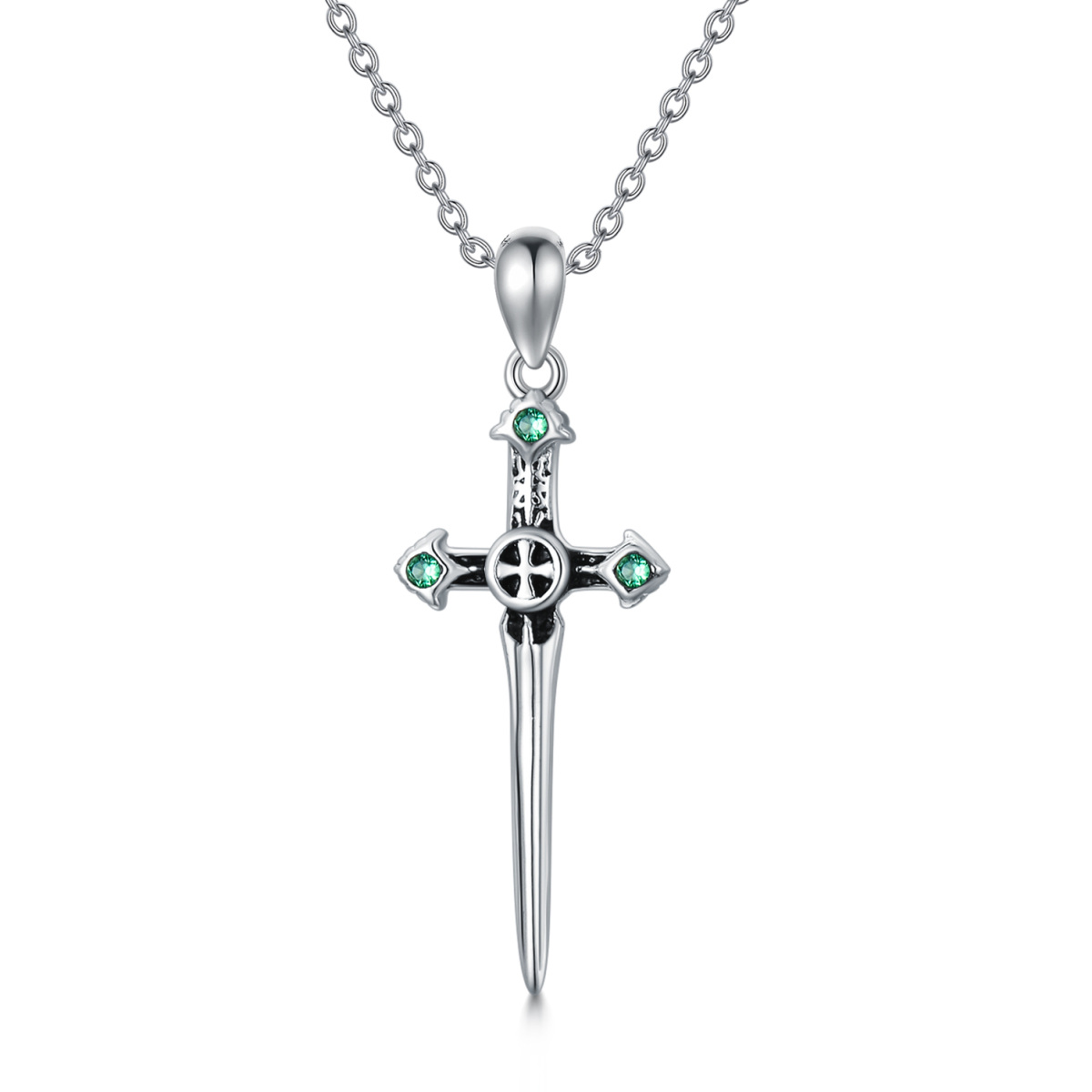 Sterling Silver Circular Shaped Crystal Cross & Sword Pendant Necklace-1