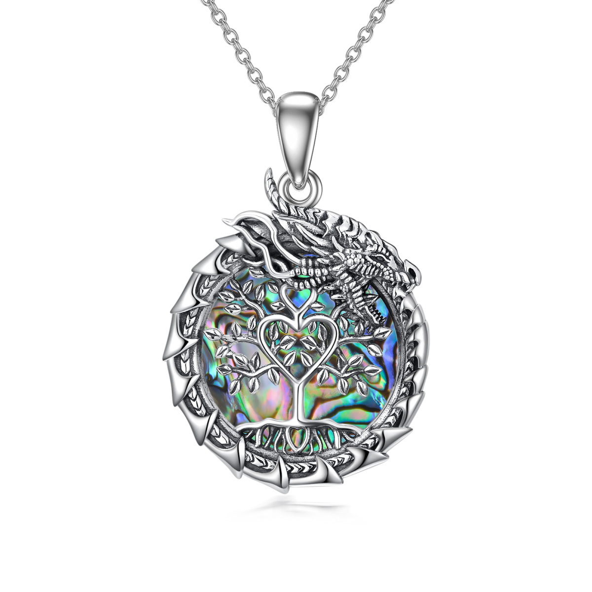 Sterling Silver Circular Shaped Abalone Shellfish Dragon & Tree Of Life Pendant Necklace-1