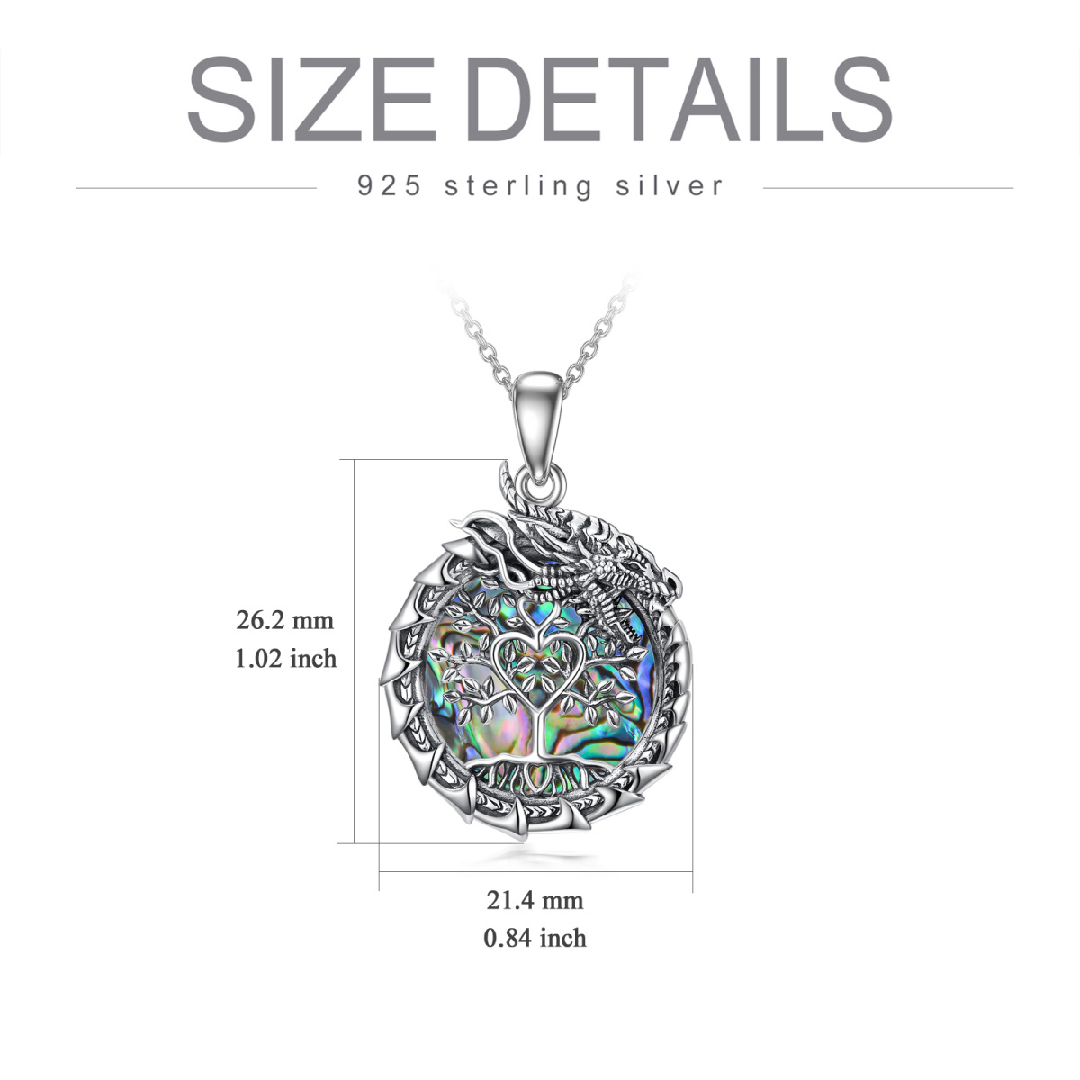 Sterling Silver Circular Shaped Abalone Shellfish Dragon & Tree Of Life Pendant Necklace-6