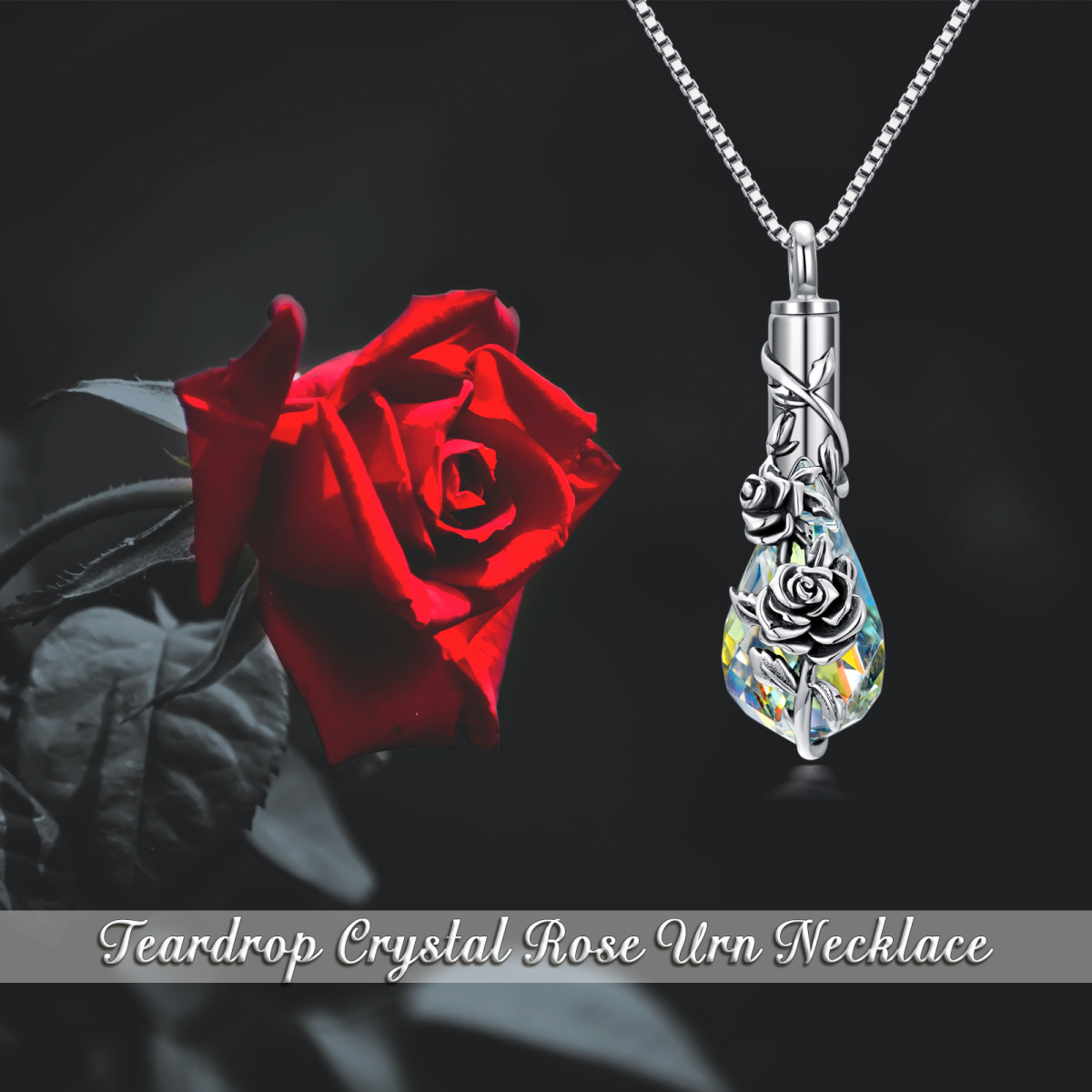 Sterling Silver Crystal Rose & Drop Shape Urn Necklace for Ashes-5