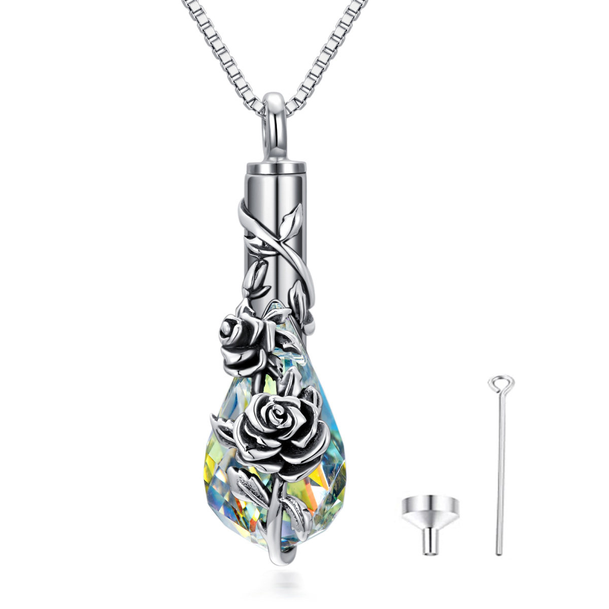 Sterling Silver Crystal Rose & Drop Shape Urn Necklace for Ashes-1
