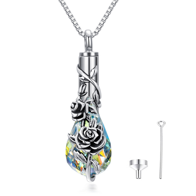 Sterling Silver Crystal Rose & Drop Shape Urn Necklace for Ashes-0