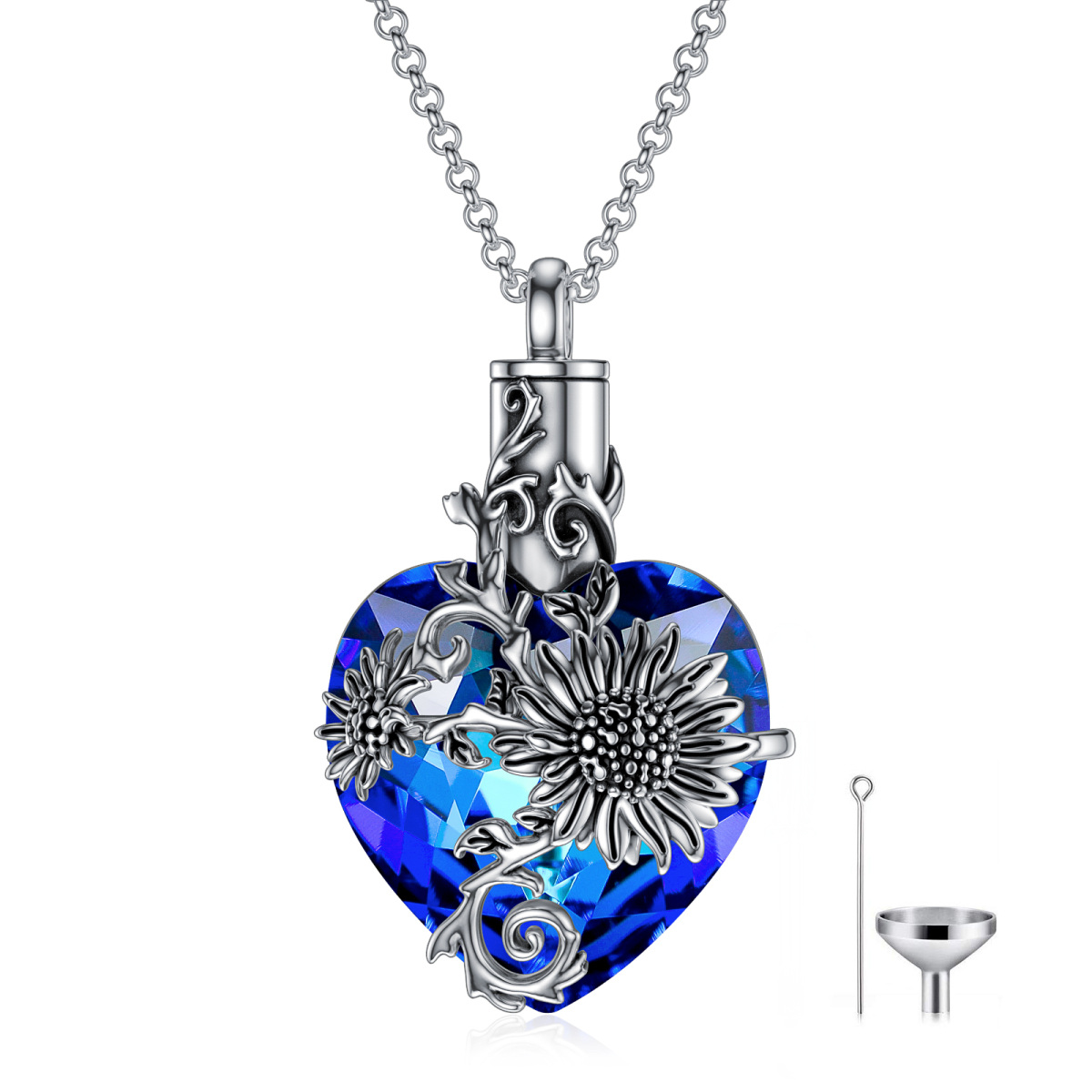 Sterling Silver Heart Shaped Crystal Sunflower Pendant Necklace-1