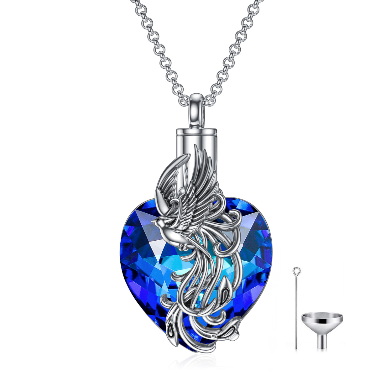 Collar de urna de fénix de cristal en forma de corazón de plata de ley para cenizas-1