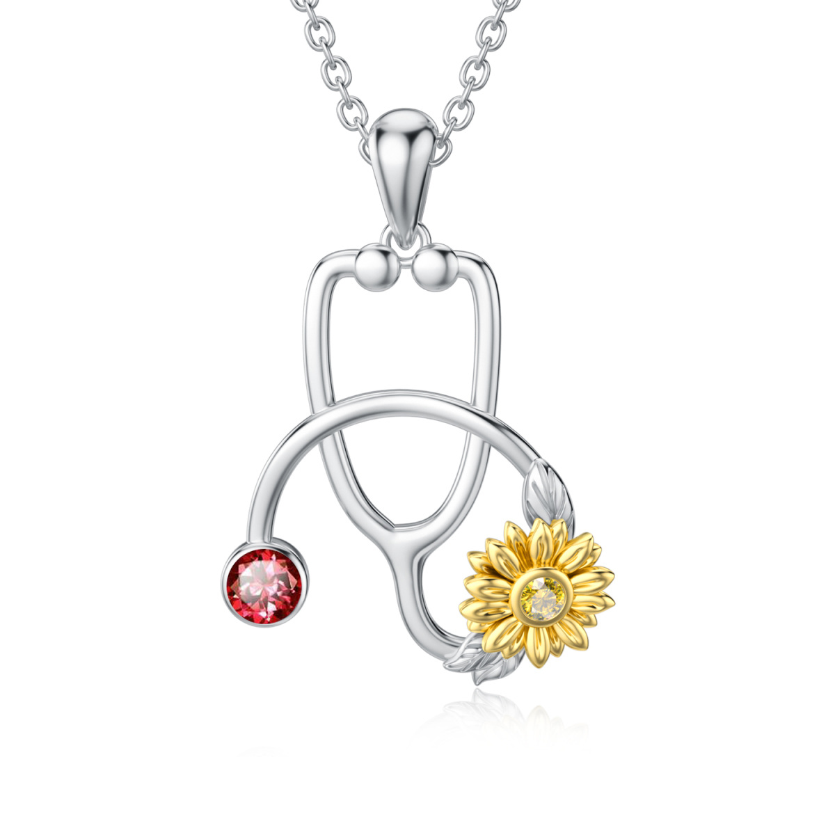 Sterling Silver Two-tone Cubic Zirconia Sunflower & Stethoscope Pendant Necklace-1