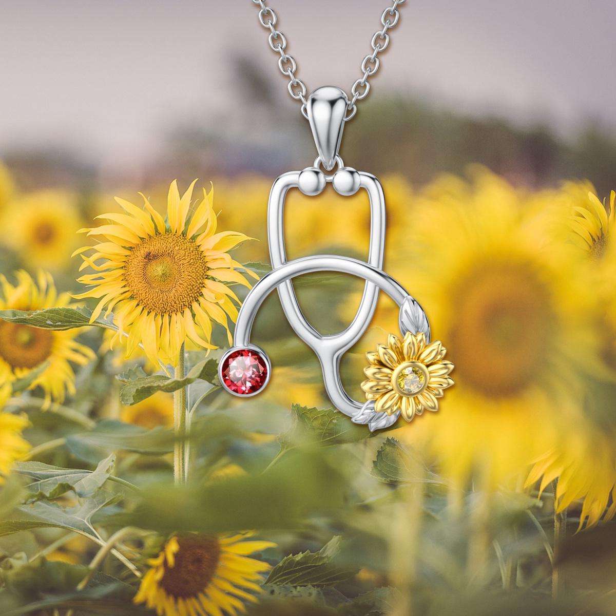 Sterling Silver Two-tone Cubic Zirconia Sunflower & Stethoscope Pendant Necklace-4