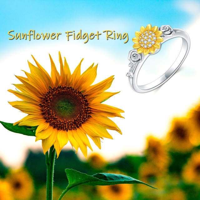Sterling Silver Two-tone Cubic Zirconia Rose & Sunflower Spinner Ring-2