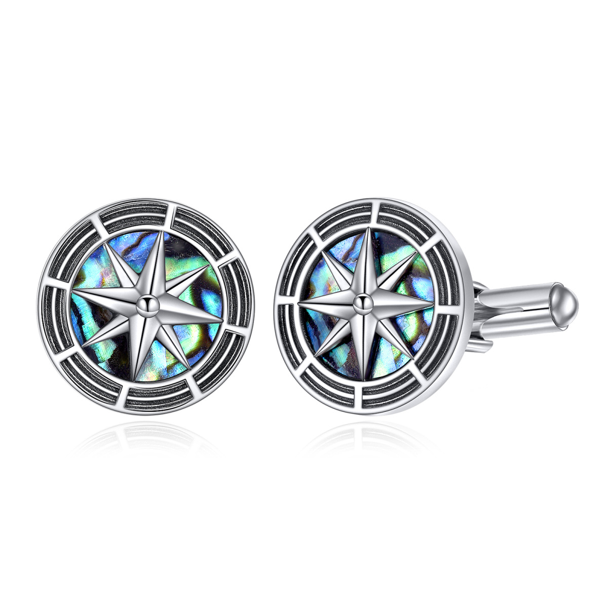 Sterling Silver Abalone Shellfish Compass Cufflinks-1