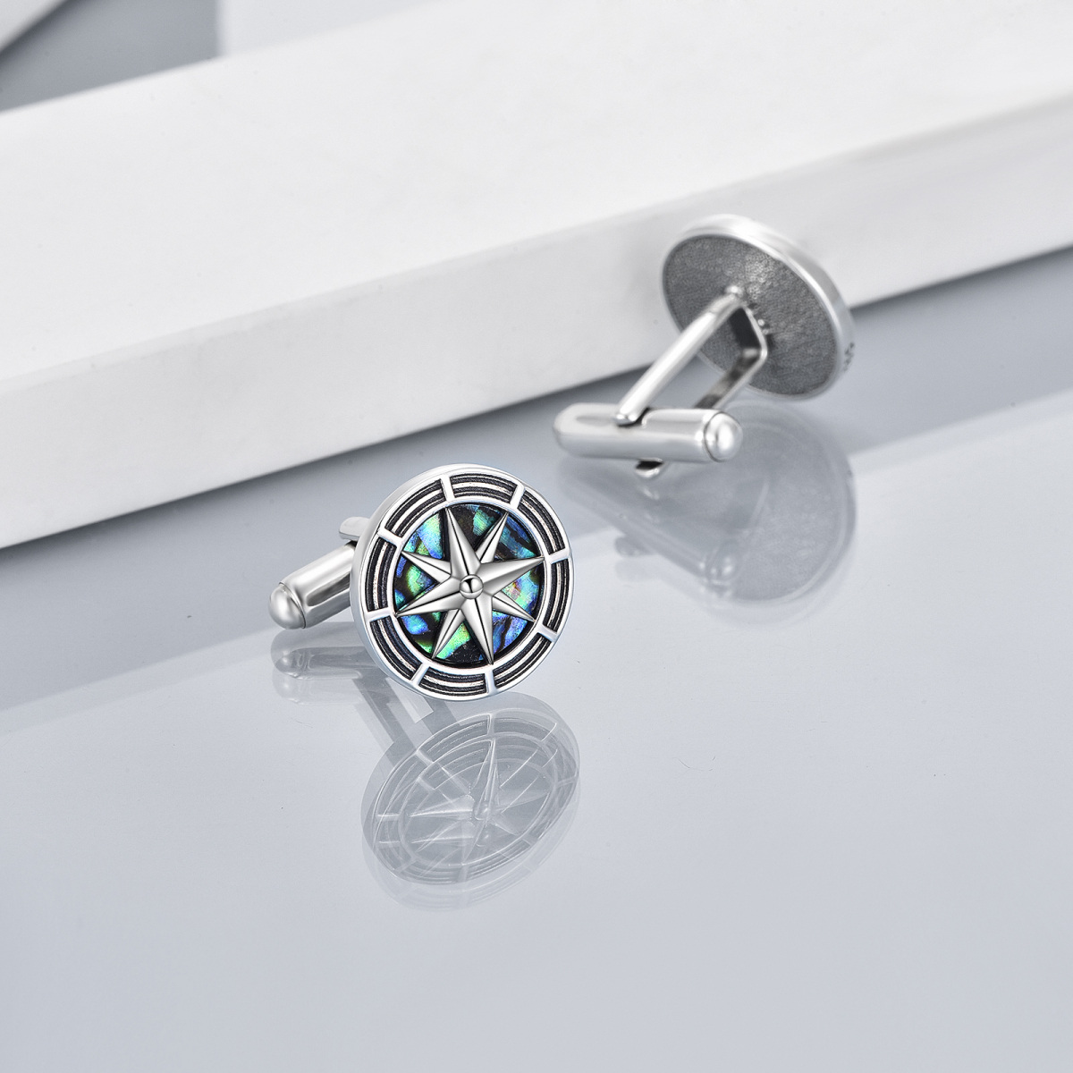 Sterling Silver Abalone Shellfish Compass Cufflinks-3