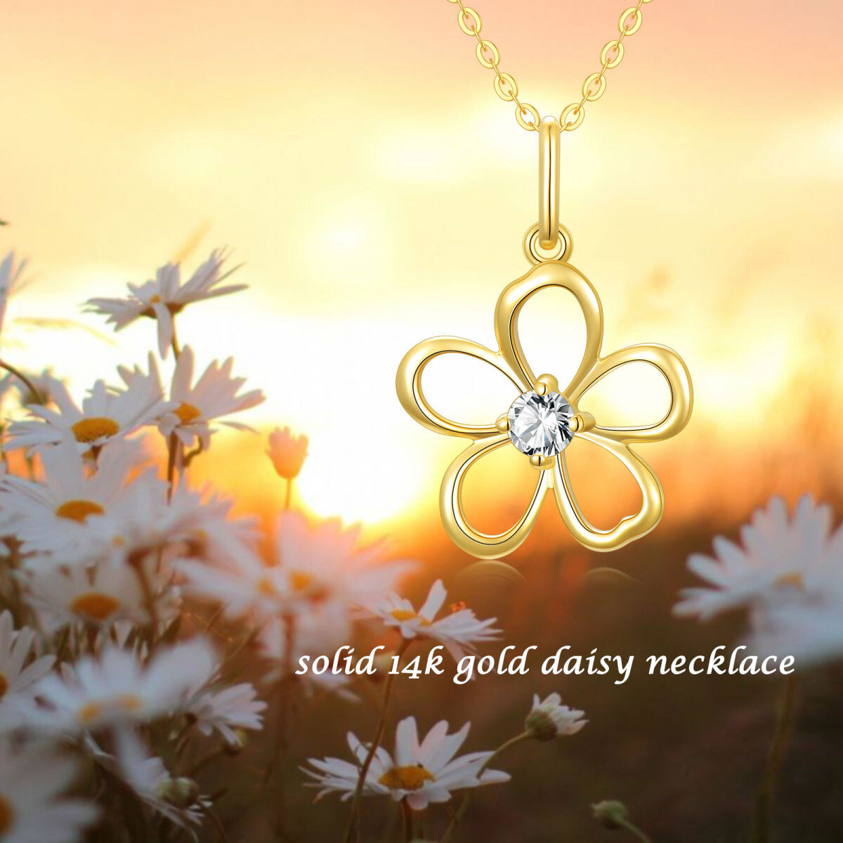 14K Gold Circular Shaped Cubic Zirconia Daisy Pendant Necklace-6