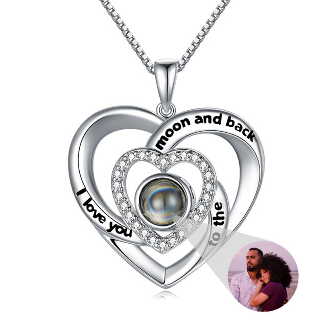 Sterling Silver Circular Shaped Projection Stone Heart Pendant Necklace with Engraved Word-0