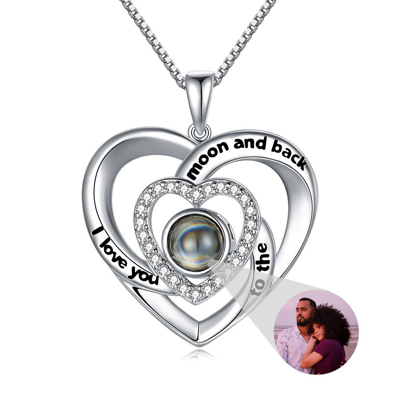 Sterling Silver Circular Shaped Projection Stone Heart Pendant Necklace with Engraved Word