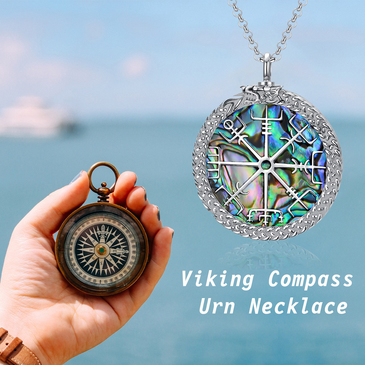 Sterling Silver Abalone Shellfish Compass & Viking Rune Urn Necklace for Ashes-6