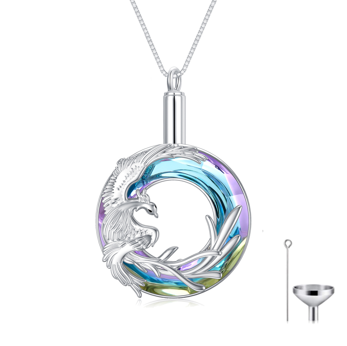 Sterling Silber Kristall Phoenix Urne Halskette für Asche mit Box Kette-1