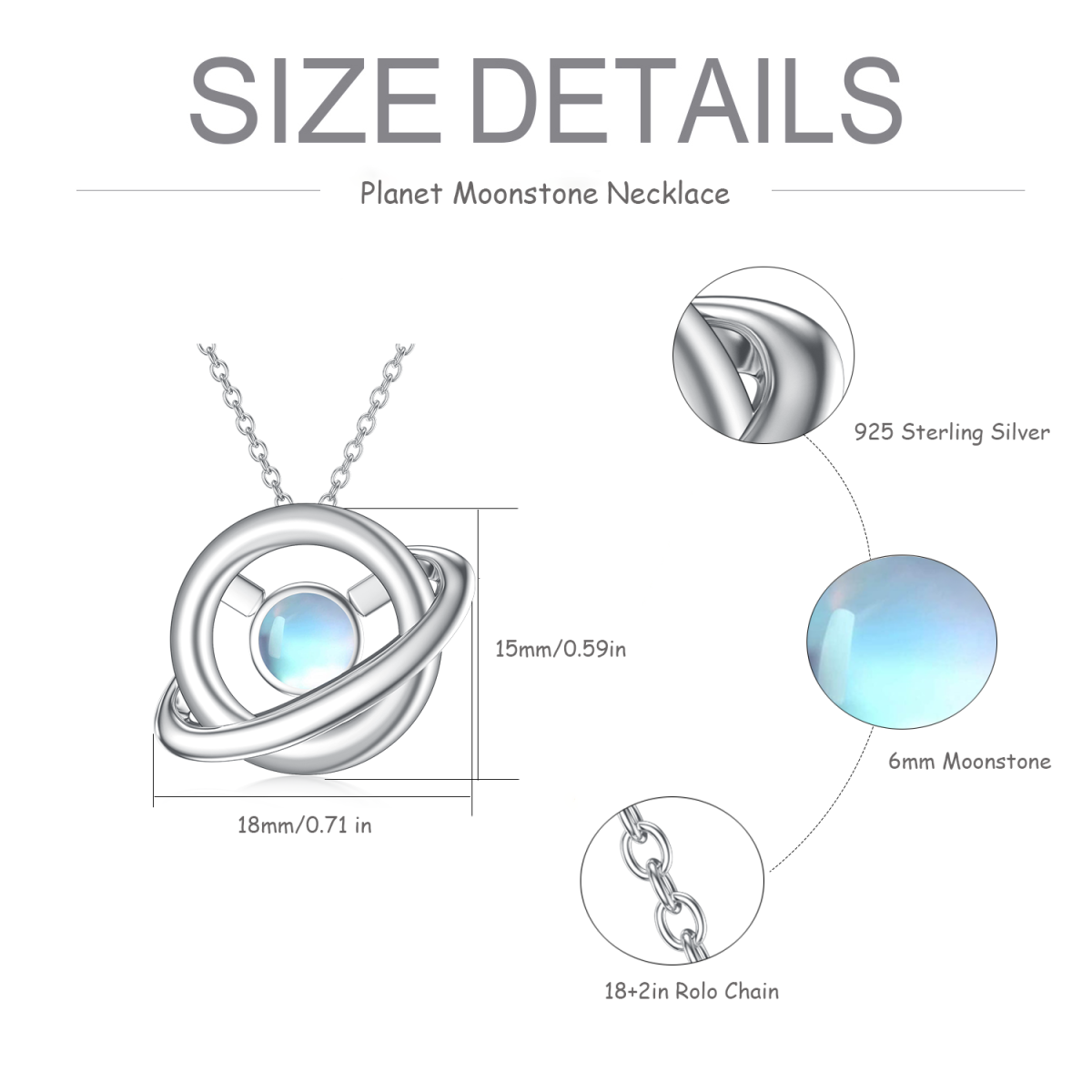 Sterling Silver Round Moonstone Planet Pendant Necklace-5