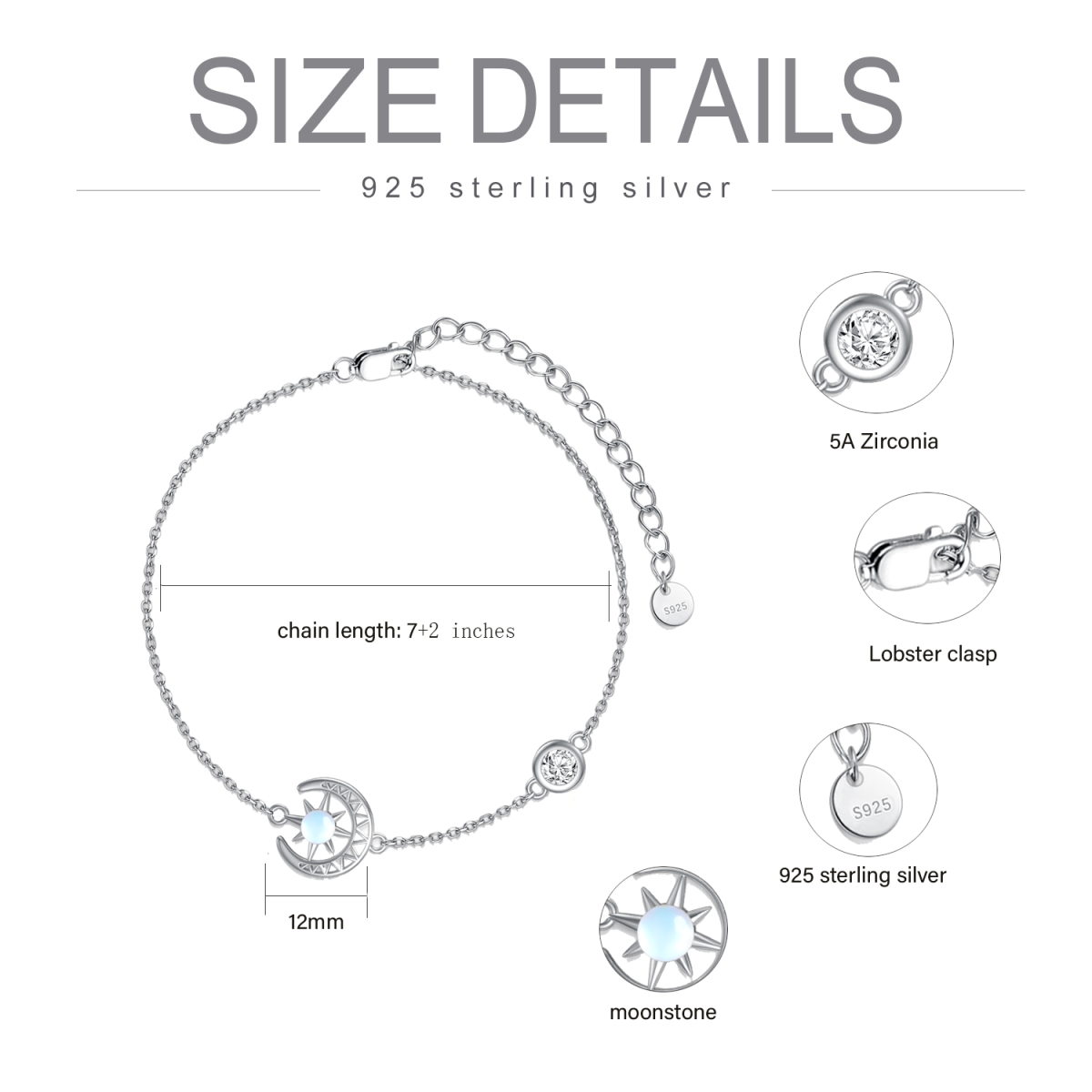 Sterling Silver Round Moonstone Moon Pendant Bracelet-6