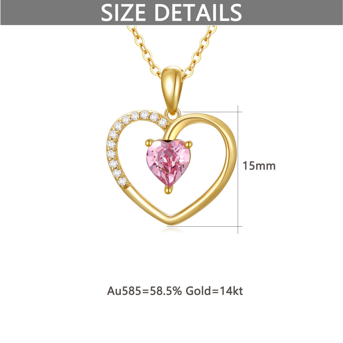 14K Gold Herzförmiger Kristall Herz Anhänger Halskette-6