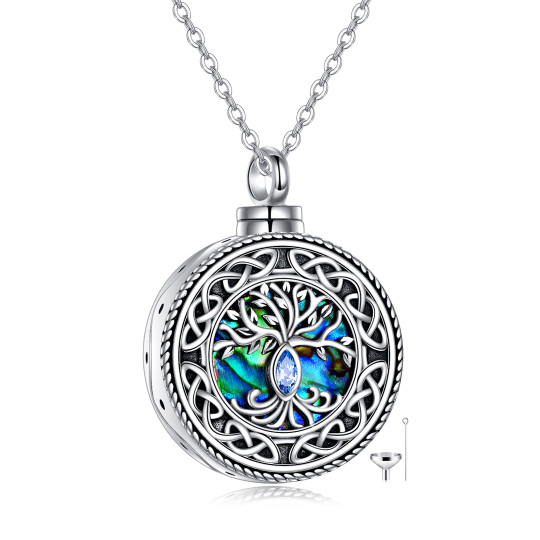Sterling Silver Abalone Shellfish & Cubic Zirconia Tree Of Life & Celtic Knot Urn Necklace for Ashes with Engraved Word