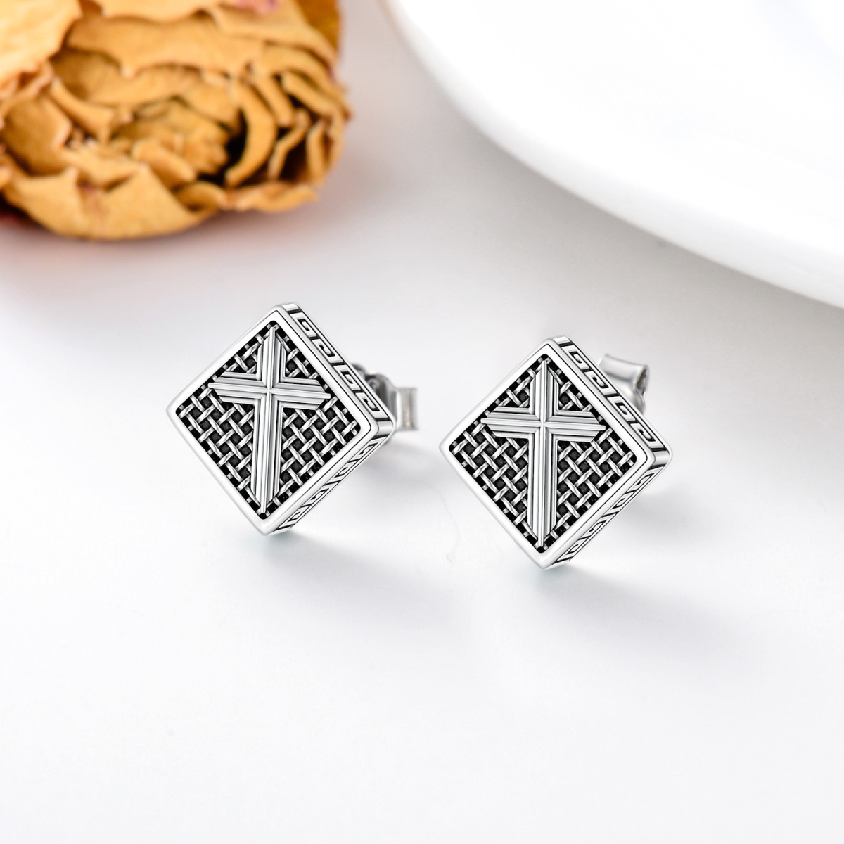 Sterling Silver Cross Stud Earrings for Men-3