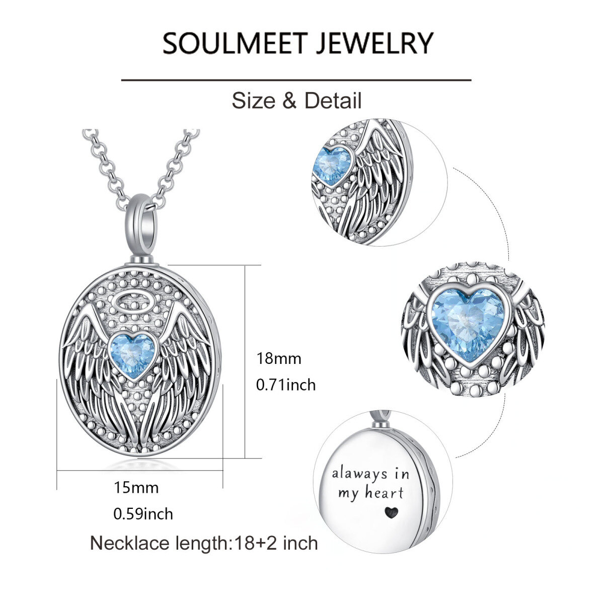 Sterling Silber Herzform Kristall Engelsflügel Urne Halskette mit eingraviertem Wort-5