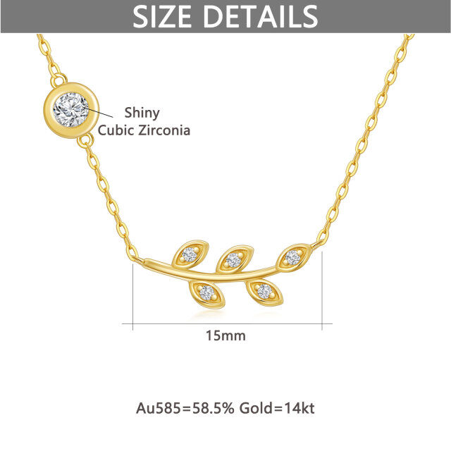 14K Gold Circular Shaped Cubic Zirconia Leaves Pendant Necklace-4