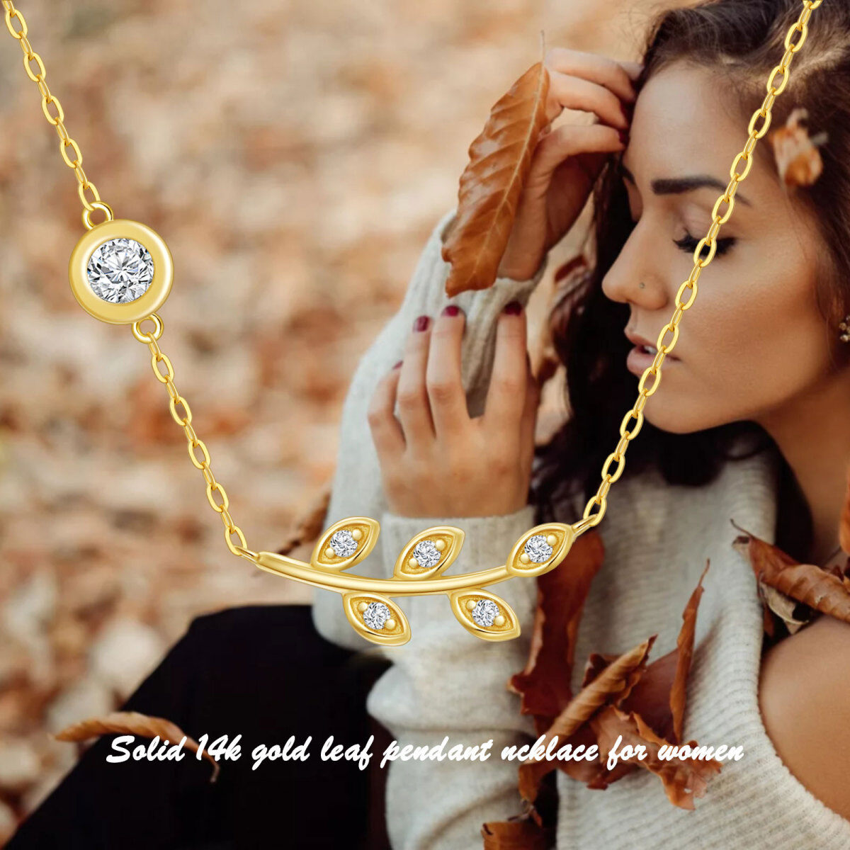 14K Gold kreisförmig Cubic Zirkonia Blätter Anhänger Halskette-6