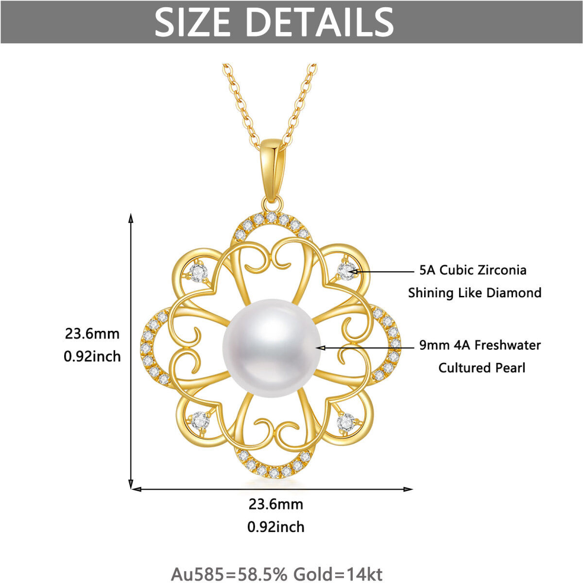 14K Gold Perle vierblättrige Kleeblatt Anhänger Halskette-5