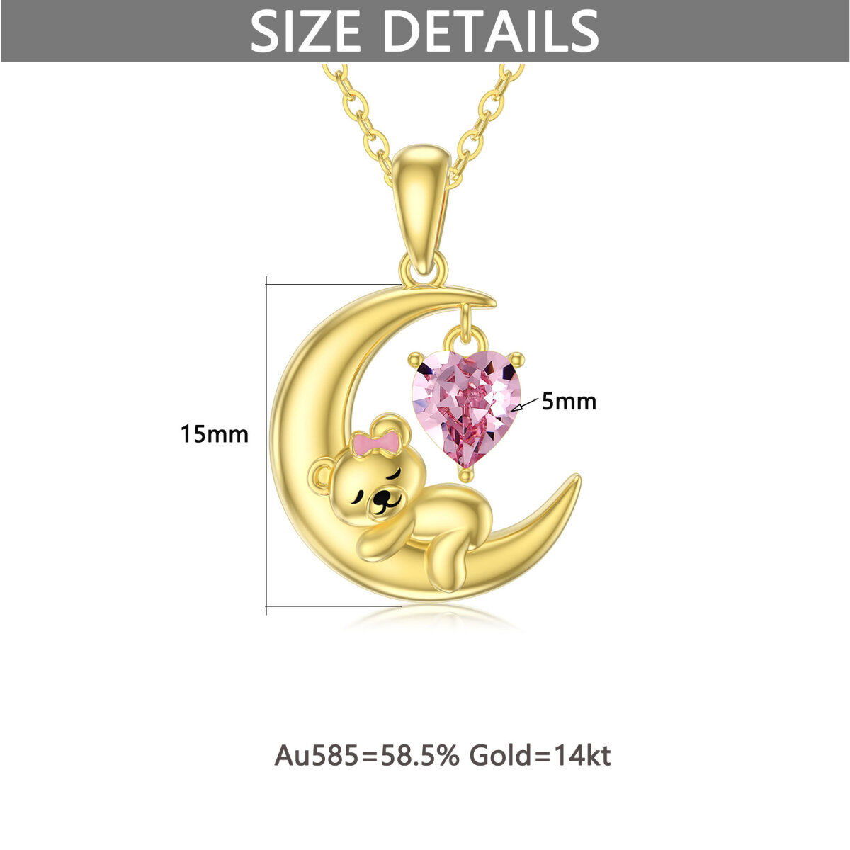 14K Gold Heart Shaped Crystal Bear & Moon Pendant Necklace-4