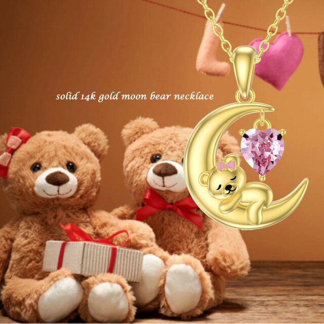 14K Gold Heart Shaped Crystal Bear & Moon Pendant Necklace-2