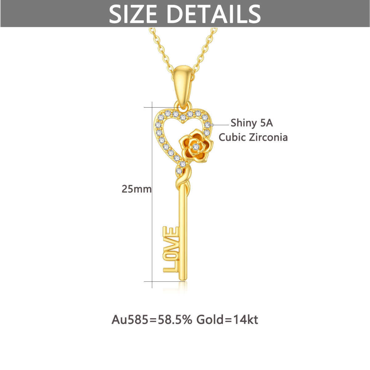 14K Gold Circular Shaped Cubic Zirconia Key Pendant Necklace-5