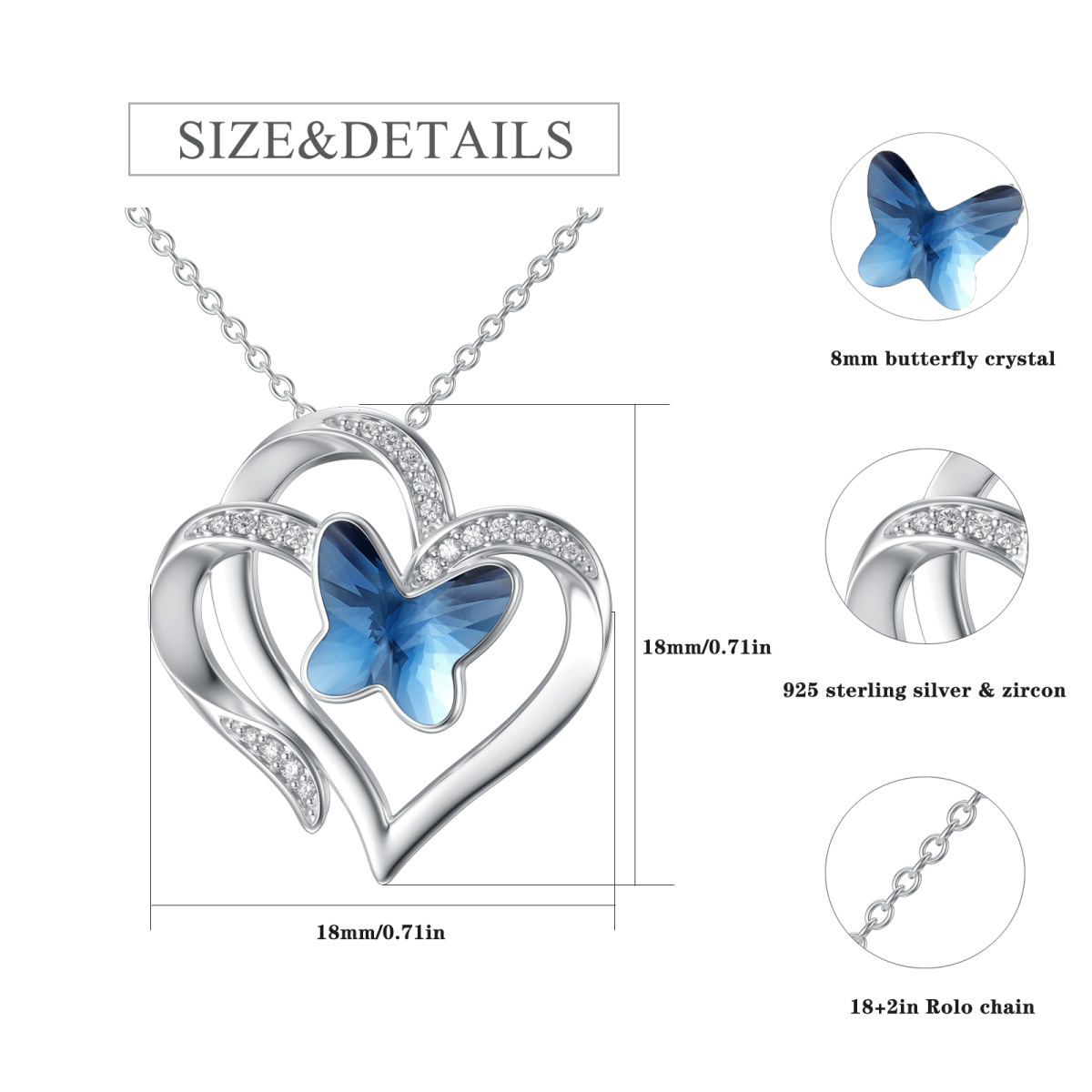 Sterling Silver Crystal Butterfly Double Heart Pendant Necklace-6