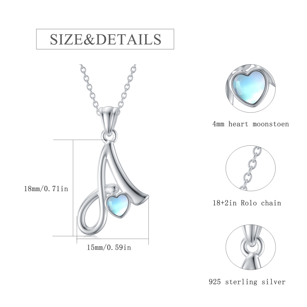 Sterling Silver Heart Shaped Moonstone Personalized Initial Letter & Heart Pendant Necklace with Initial Letter A-3