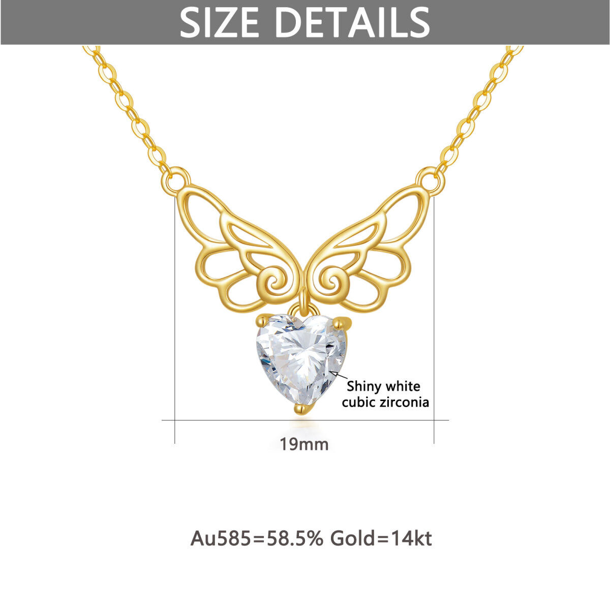 14K Gold Heart Shaped Cubic Zirconia Angel Wing Pendant Necklace-6