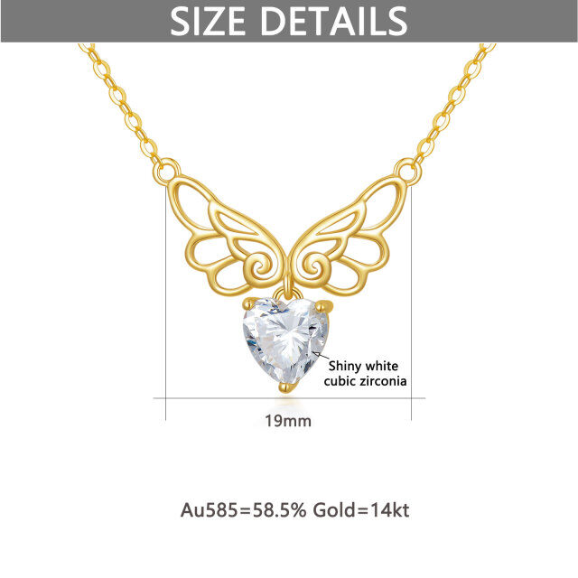 14K Gold Heart Shaped Cubic Zirconia Angel Wing Pendant Necklace-5